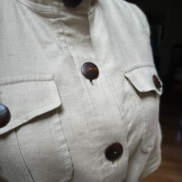 ZARA WOMAN Beige Linen Utility Jacket Safari Style Leather Belted Office Medium - Picture 4 of 7